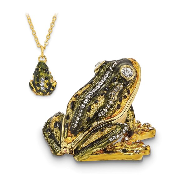 Pewter Bejeweled Crystals JUMPIN' FROG FLASH Green Frog Trinket Box with Pendant - Picture 5 of 5